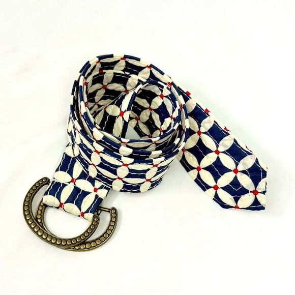 J. Crew Blue Red White Geometric Floral 100% Cotton Slide Buckle Fabric Belt - Picture 3 of 14